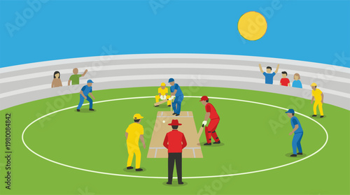 Cricket match in a stadium with players, umpire, and cheering spectators