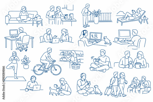 Modern Everyday Lifestyle Bundle with Home, Work, and Leisure Scenes. Line Art Illustrations of People Working, Relaxing, Exercising, Shopping, Traveling, and Socializing in Various Settings.