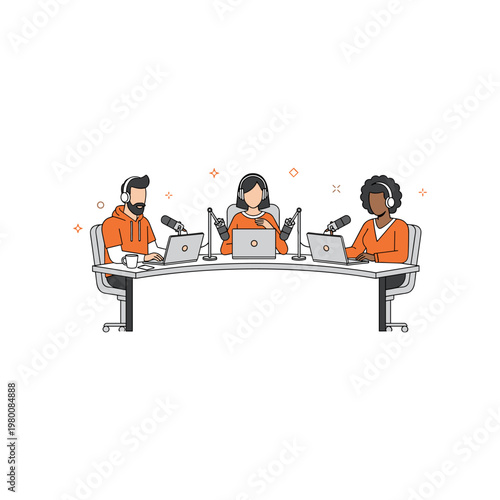 Three professionals participating in a virtual meeting or podcast recording session