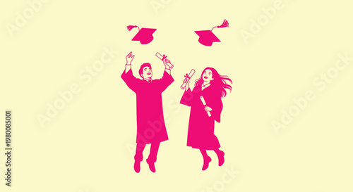 Pink silhouette illustration of male and female graduates jumping and throwing caps on cream background