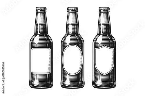 Set of Three Vintage Engraved Beer Bottles with Blank Labels for Mockup. Hand Drawn Woodcut Style Glass Beverage Containers Isolated on White Background. Vector Illustration for Brewery and Pub.