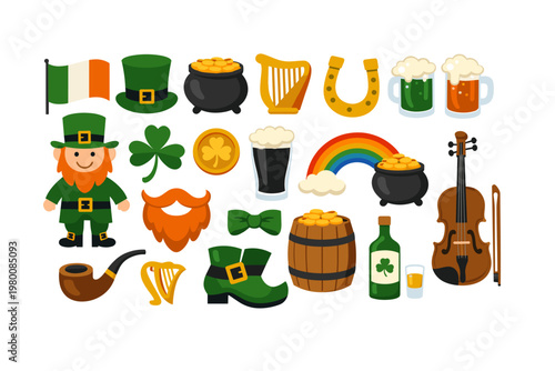St. Patrick's Day Icons and Irish Symbols Collection Featuring Leprechaun, Pot of Gold, Shamrock, Green Beer, Harp, Horseshoe, Rainbow, and Traditional Elements for Festive Holiday Vector Designs.