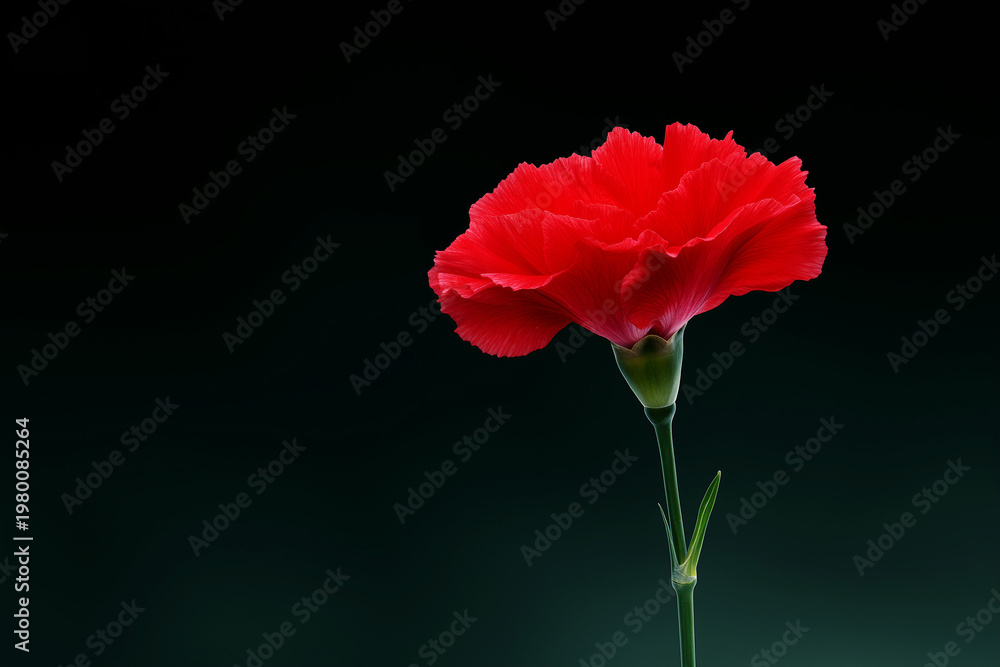 Obraz premium Single Red Carnation Flower against a Dark Green Background, Elegant Floral Still Life for Mother's Day