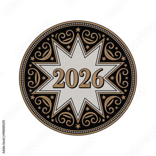 2026 western cowboy belt buckle, vintage vector illustration featuring sheriff badge star with engraved metal style, classic rodeo emblem for country apparel, ranch branding, and retro western design