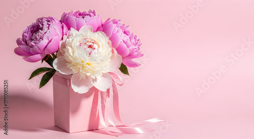 Elegant pink peony bouquet in pastel vase for Mother's Day celebration with soft lighting