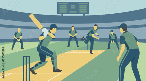 Vector illustration of a cricket match in action at a stadium