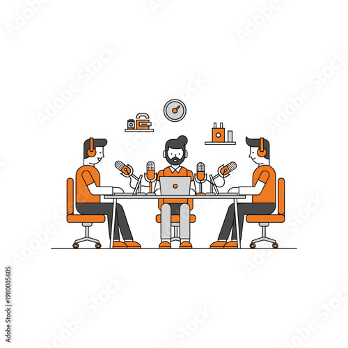 Three individuals participating in a podcast recording session together