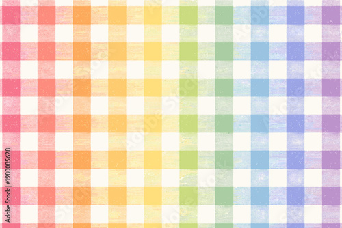 Retro Pastel Rainbow Gingham Pattern with Hand-Drawn Textured Checkered Squares in Pride Flag Colors. Seamless Vector Background for Textile, Fabric, Picnic Tablecloth, and Creative Graphic Design.