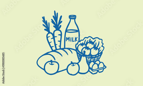 Hand drawn illustration of staple grocery items with groceries, illustration