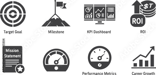 Business Success and Corporate Strategy Solid Glyph Icon Set - KPI Dashboard and ROI
