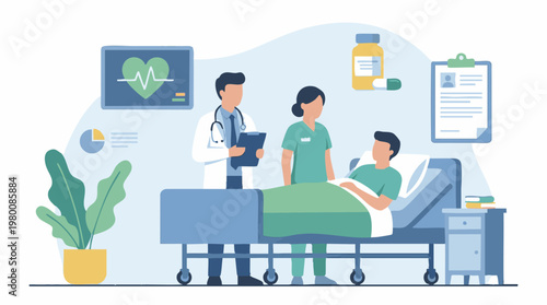 Medical staff caring for patient in hospital bed with health monitoring