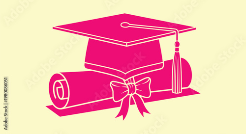 Graduation cap mortarboard with tassel and diploma scroll tied with ribbon bow in pink on yellow.