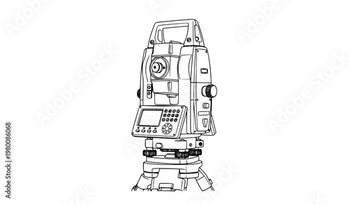 Survey total station engraving vector civil engineering instrument line drawing isolated on white