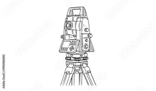 Surveying total station line art vector civil engineering equipment illustration isolated on white