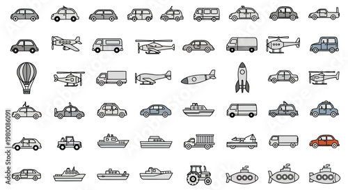 A vast assortment of colorful and monochrome icons representing diverse modes of transport.