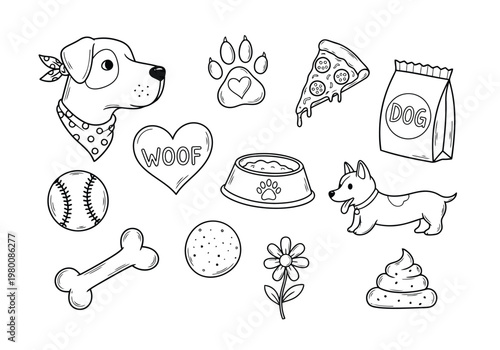 A playful collection of hand-drawn black and white doodle icons representing various dog-related items.