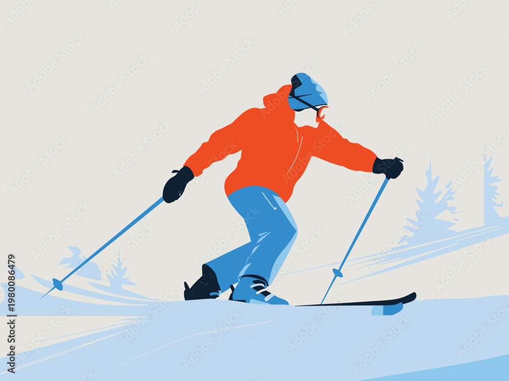 Obraz premium Skier descending a snowy slope with ski poles stylized vector art orange jacket blue pants activity recreation outdoors downhill mountain illustration