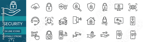 Security and data protection web line icons set featuring face ID recognition, eye scan, CCTV camera, smart door lock, car safety, cloud storage, and more Vector Illustration with editable stroke.