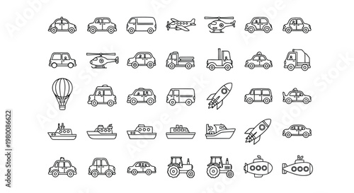 A grid of simple, hand-drawn icons representing various modes of transportation and vehicles.