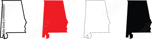 Alabama state map outline collection, set of 4 vector silhouettes in black and red, minimalist geographic borders for infographics and travel design