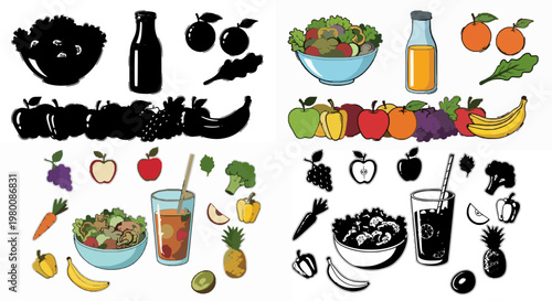 Flat Style Icons Set: Daily Meals, Groceries, and Kitchen Essentials Vector Collection