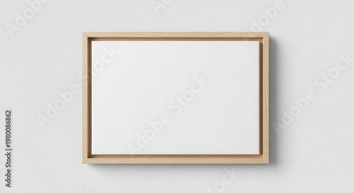 Minimalist wooden floater frame mockup, horizontal blank white canvas for art presentation, natural oak wood picture frame on neutral wall isolated on White Background
