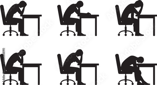 Office worker exhaustion, stressed employee sitting at desk, six stages of fatigue