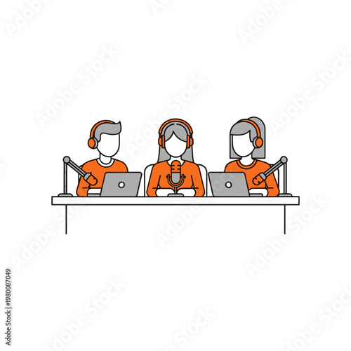 Three individuals engaged in a collaborative virtual meeting or podcast recording session