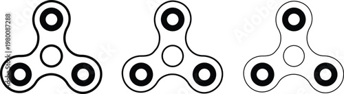 Minimalist fidget spinner vector icons, set of 3 black and white hand spinner line art, modern stress relief toy illustrations for web design