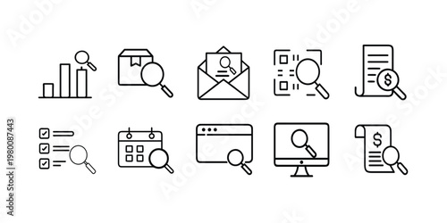 Search and inspection line icons set featuring financial audit product tracking email discovery graph analysis and web verification more vector illustration with editable stroke.