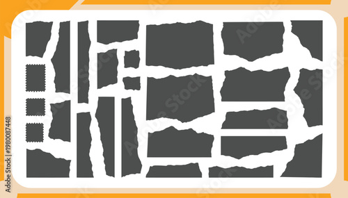 Collection of Torn Paper Textures Featuring Ripped Edges, Scrapped Paper Strips and Distressed Grunge Borders for Collage Graphic Design Vector Set