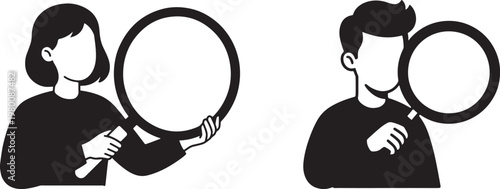 magnifying glass man and woman silhouette analysis investigation icon vector illustration