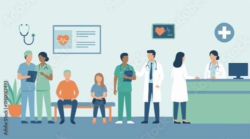 Healthcare professionals and patients in a clinic waiting room illustration