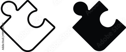 Minimalist puzzle piece icons, black outline and solid silhouette jigsaw elements, conceptual vector symbols for problem solving and teamwork
