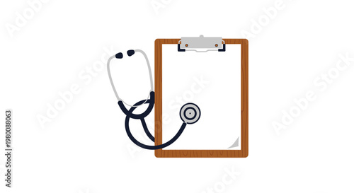 A vertical wooden clipboard with blank paper sits next to a dark stethoscope on a pristine white background with soft shadows and clean minimalist lines.