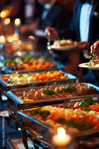 Warm Candlelight Illuminates a Luxurious Catering Buffet Line at a Formal Event