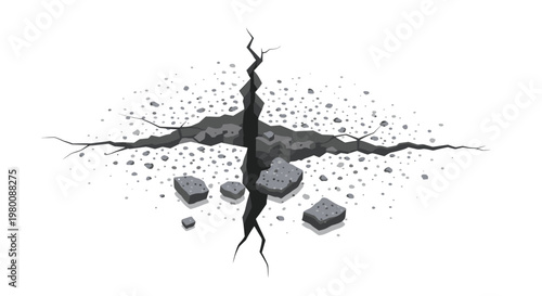A large jagged crack splits a grey concrete surface surrounded by scattered stone fragments and debris on a clean white background with high contrast shadows.