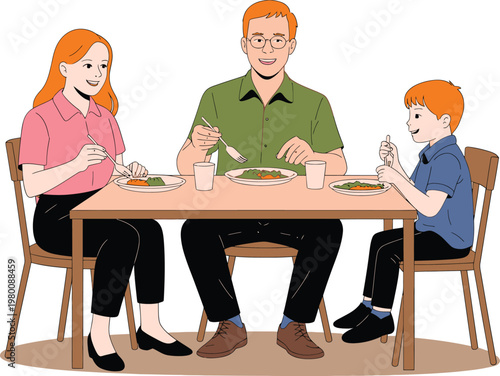 Family enjoying meal together at dining table with eating dinner food time home dining kitchen table parent and child eating lunch together illustration
