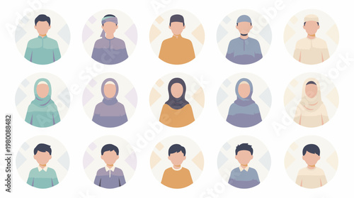 Diverse collection of Muslim men, women, and children avatars set