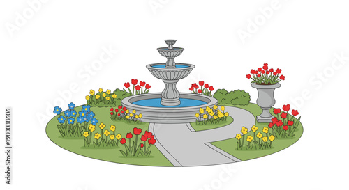 Multi-tiered stone fountain sits in a lush garden bed with a paved path and vibrant flower beds featuring red and yellow blooms on a plain white background.