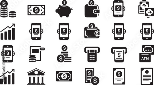 Financial icons set including money, phones, and banking symbols
