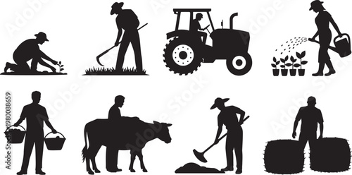 Farmers at work, agricultural silhouettes, rural labor