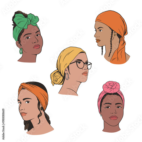 Diverse women portraits vector illustration with headscarves and accessories, modern female faces collection in flat style, beauty, fashion and multicultural concept.