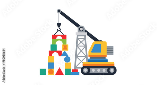 Yellow construction crane lifts colorful geometric building blocks into a tall stack on a clean white background, showcasing a playful building concept.