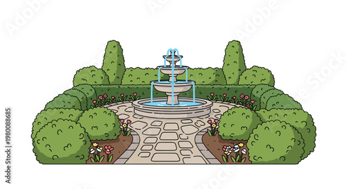 Tiered stone fountain is enclosed by neatly trimmed hedges and stone pathways with small flower clusters accenting the landscaped area on a white background.