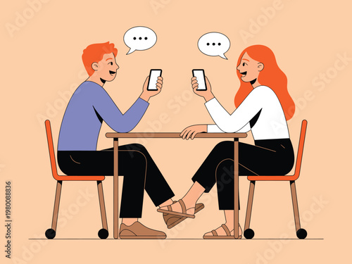 Couple texting on phones at table with social media communication technology wireless communication mobile phone connection technology