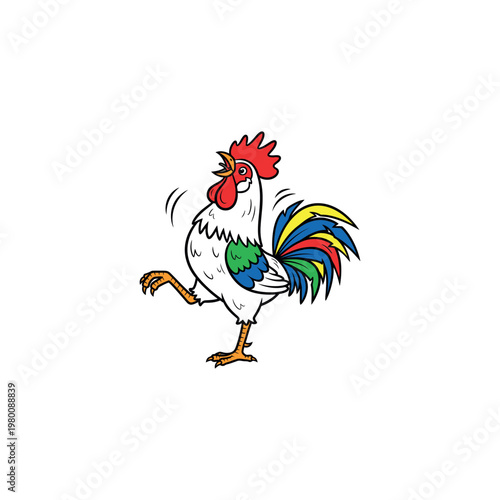 Colorful cartoon rooster in motion.