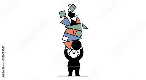 Cartoon character holding many objects.