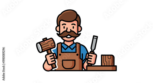 Cartoon man with beard and tools.