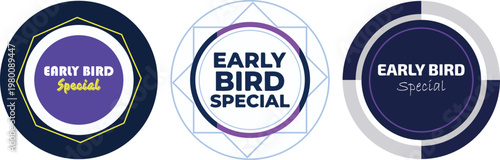 Early Bird Special promotional badges, set of 3 circular marketing labels, purple and navy blue discount stickers for retail sales and limited time offers